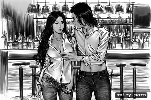 intricate hair, 18yo, sketch, opened shirt and jeans, sexy thai teen in bar