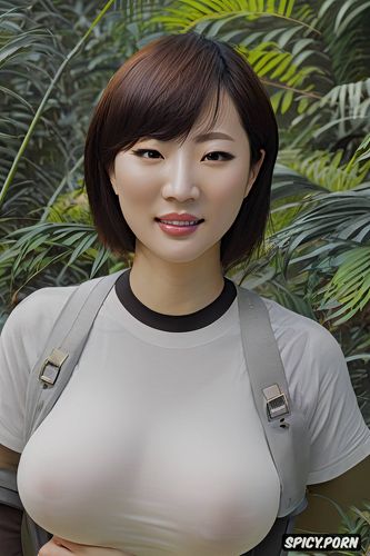 light hair, oiled body, short hair, jungle, perfect face, huge breasts