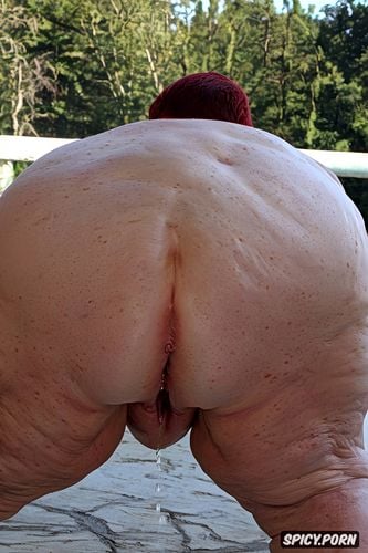 massive ass, hyperrealistic pregnant pissing muscular thighs red bobcut haircut tanned