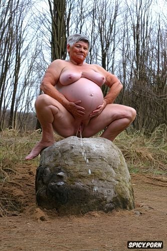 ultra realistic, gorgeous granny chubby muscle lady, completly nude pissing pregnant muscular thighs red pixie haircut
