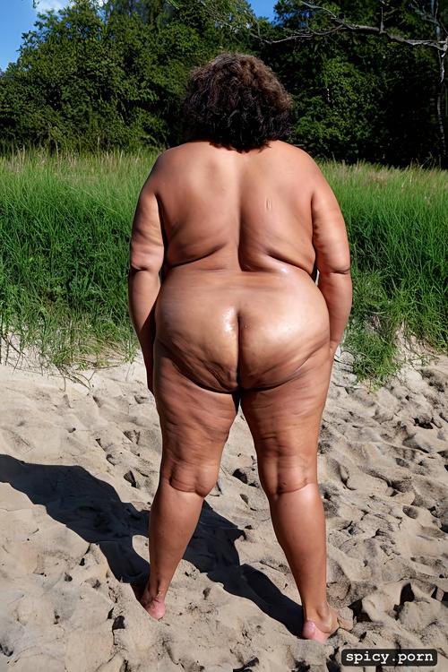 curly short hair, small shrink boobs, sagging fat belly, an old fat hispanic naked woman with obese belly