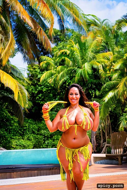 curvy body, giant hanging boobs, sharp focus, bikini top, color photo