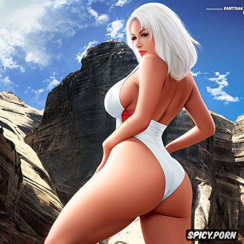 small genitals, amine style, big ass, white fur, in one piece swim suit