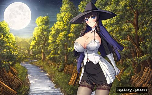 woods in background, amish woman, moonlight, white bonnet, thigh slit on skirt