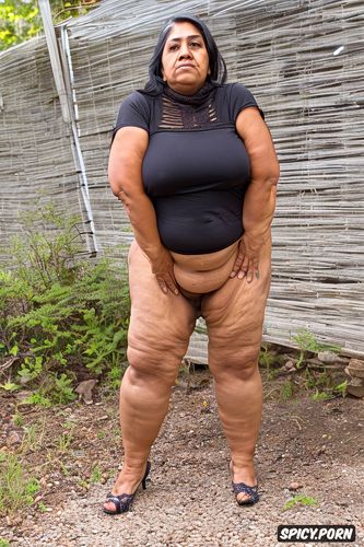 very obese hispanic old milf, correct human anatomy, wrinkly belly