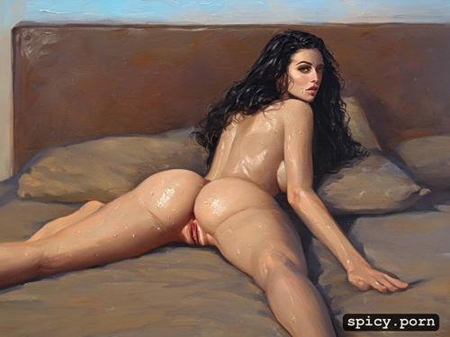 photo realism, legs spread, juicy pussy, hot and sweaty, prone pose