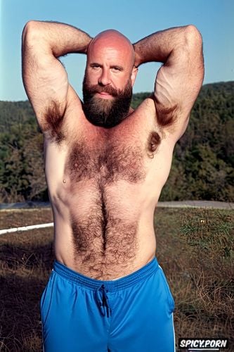 solo very hairy gay muscular old man with a big dick showing full body and perfect face beard showing hairy armpits football coach chubby body