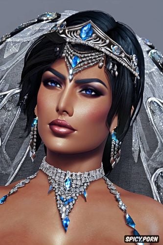 ultra detailed, ultra realistic, pharah overwatch beautiful face milf flowing low cut black ballgown silver and crystal tiara pouty portrait