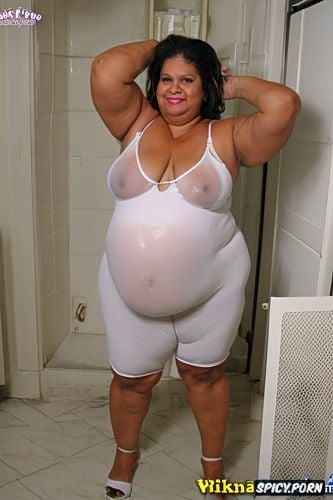 wearing a sleeveless white sheer jumpsuit, she smile, a photo of a short ssbbw hispanic pregnant granny standing up in the badroom