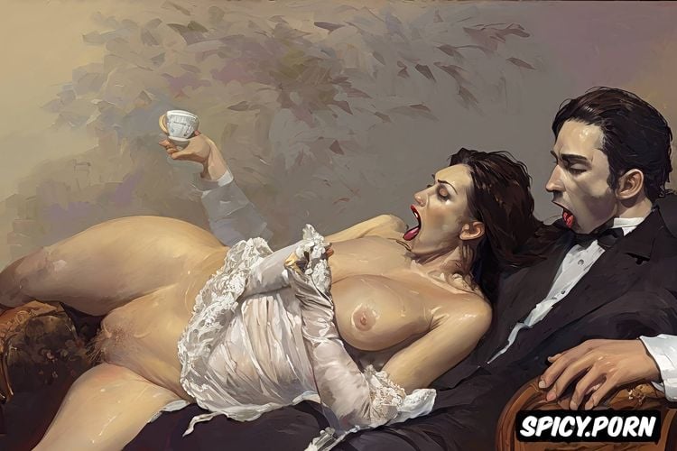 vampire, chubby, dracula, soiree, couch, drooling, nude, drinking coffee