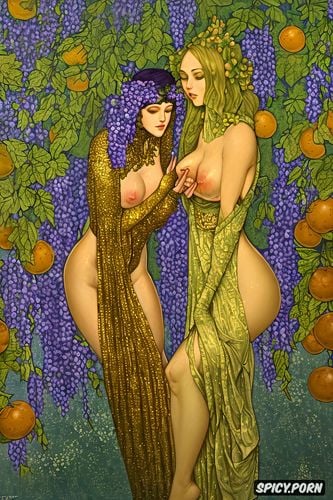 green leaves oranges and wisteria, golden, women in leafy spring forest with golden flowers fingertip nipple touching breasts golden chains and sere cloth