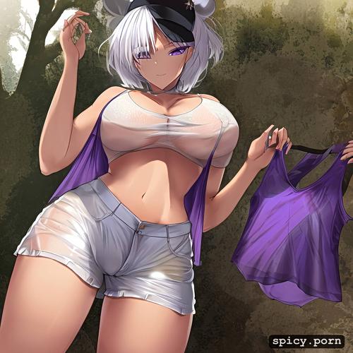 3dt, tanktop with underboob and short shorts, 91tdnepcwrer, purple eyes