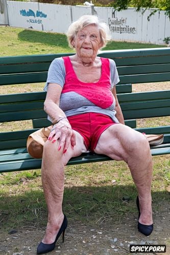 very old wrinkled ugly granny eighty years wear t shirt, over huge massive saggy tits wear short shorts spandex sit on bench outside masturbate over is shorts