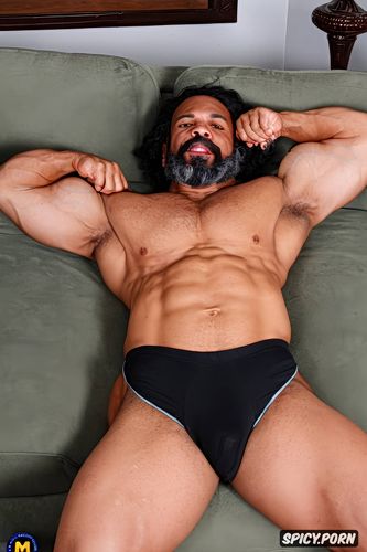 getting up his hairy arms, beard face, showing lay down in a sofa his gigantic hard uncut erect dick