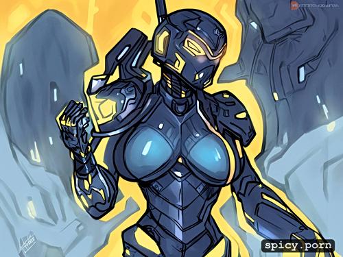 vibrant, female, intricate, yellow and dark blue colors, strong warrior robot
