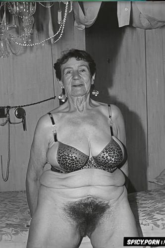 saggy, dimpled, bobcat brunette, background bedroom, very old irish grandma