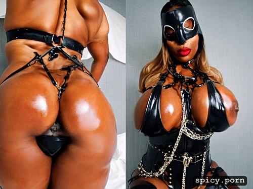 showing her pussy and anus wearing oiled leather harness and heavy chains huge enormous boobs