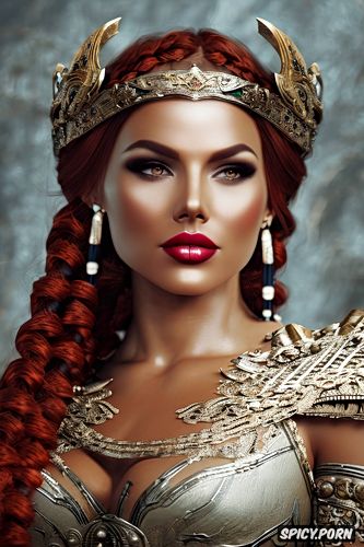 ultra realistic, 8k shot on canon dslr, ultra detailed, fantasy barbarian queen beautiful face full lips tan skin long soft dark red hair in a braid diadem full body shot