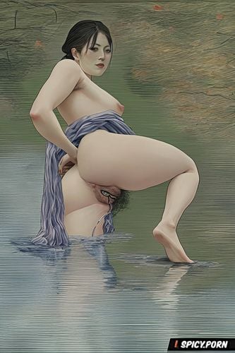 japanese nude, lifting one leg, davinci painting, impressionism monet painting