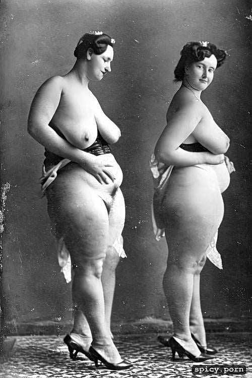 obese antique portrait, obese, fat, marked navel, brown hair