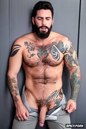 hombre solo super realista cuerpo atletico musculoso barba cerrada musculoso barzos tatuados desnudo superdotado pene grande erecto xxl