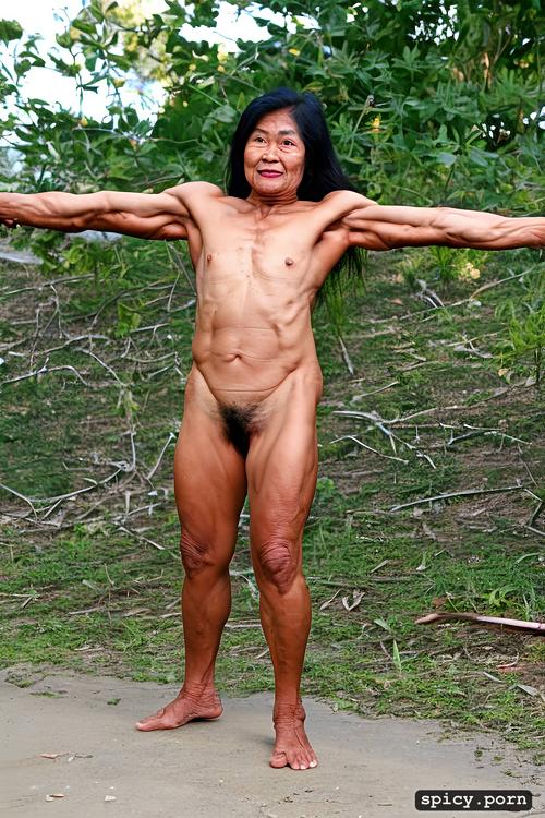 thai granny, realistic face, muscular legs, midget, muscular arms