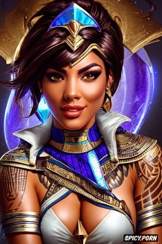 tattoos, ultra detailed, tracer overwatch female pharaoh ancient egypt pharoah crown royal robes beautiful face portrait muscles