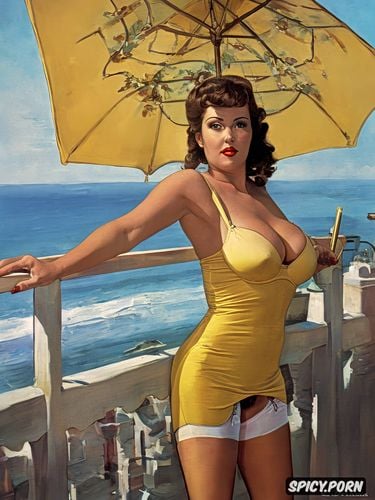 pin up woman in yellow sexy short dress, natural perky tits she s undressing