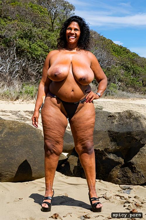 humongous hanging hooters, thick, largest boobs ever, standing at a beach