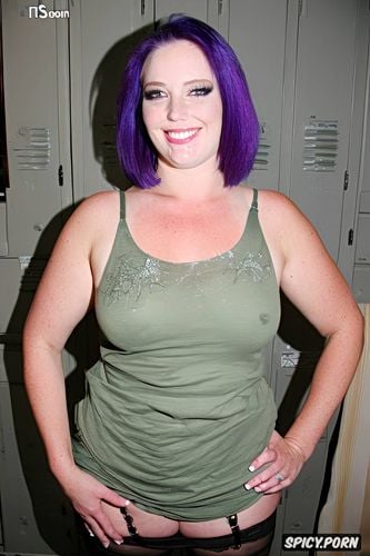 white female, purple hair, massive silicon breasts, happy face