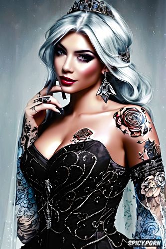 tattoos masterpiece, k shot on canon dslr, ultra detailed, ashe overwatch beautiful face young tight low cut black lace wedding gown tiara
