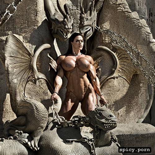 slave, massive abs, nude muscle woman vs dragon, detailed female face