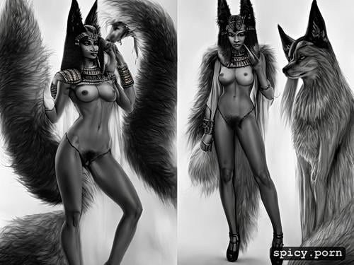 intricate hair, perky nipples, egyptian woman with god anubis
