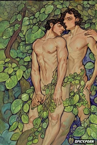 art nouveau, silvery green, very fit bodies, art deco, nude men in leafy summer forest with fingertip nipple touching chest