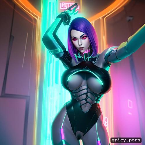 and purple, woman, no makeup, trimmed pubic hair, selfie, the artwork should be in the cyberpunk style with a color palette dominated by neon pink