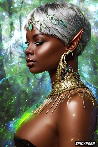 fantasy female fairy flowing forest green robes portrait dark skin short silver hair in a spinky pixie cut small full perky natural breasts milf beautiful face