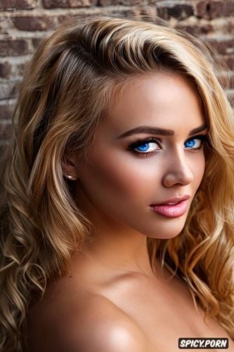 blue eyes, toned, topless, front shot, thin face, wavy blondr hair