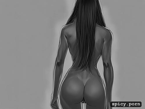 sketch, dark skin, intricate long hair, thai teen, back view