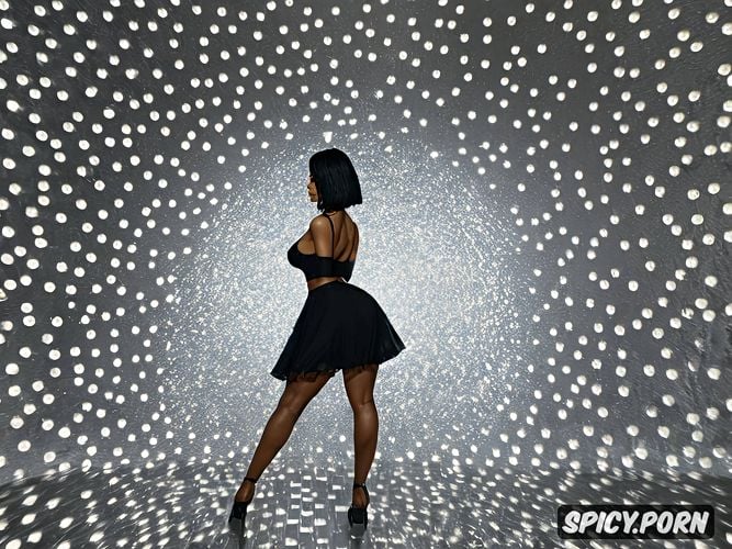 ultra dark skin, nipple print, muscular, wide stance, hips, silver disco ball reflective skirt waist splits long train thighs exposed ultra long skirt length