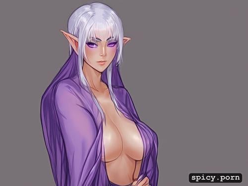 purple eyes, 20 yo, silk robe, one pretty naked female, elf ears