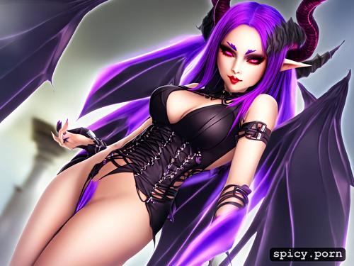 short horns, natural boobs, purple hair, cute face, black demonic tail