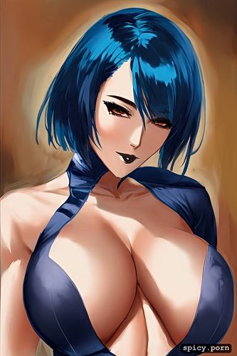 portrait, blue hair, seductive, classroom, goth, muscular body