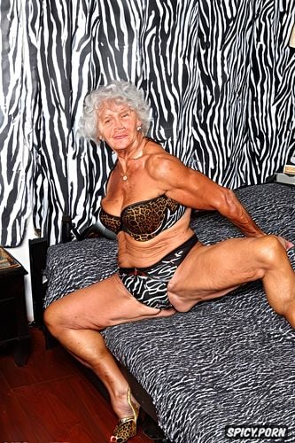 side view, spreading legs, in bedroom, ninety something of age bodybuilder granny