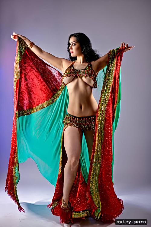 short, curvy, turkish bellydancer, colorful costume, stunning face