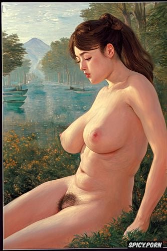 very small breasts, grabing belly, manet, very small head, open mouth
