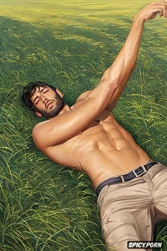 he is so handsome and hot, a men horny, lying down in grass