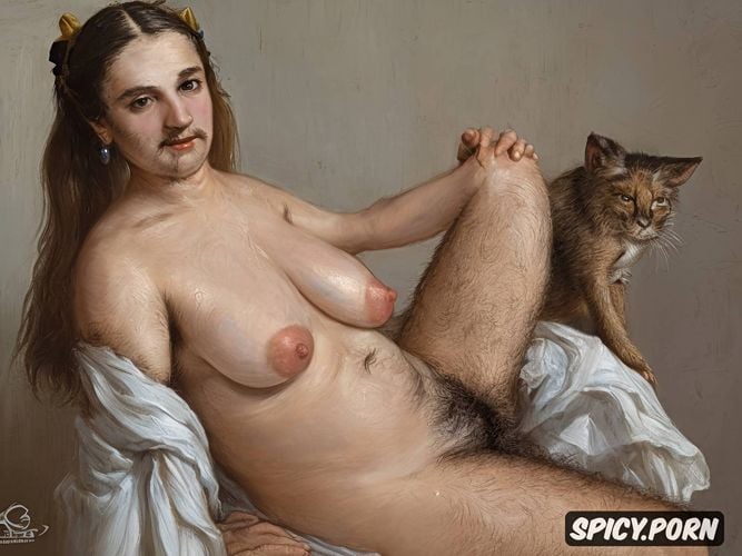 moldovan ethnicity, high res, hq, laughing, intricate, bows light brown haircut fringe incredibly hirsute woman very hairy pussy very hairy armpits hairy arms very hairy legs very hairy inner thighs hairy hips hairy belly over super hairy crotch folds on the belly fat calves strong stretch marks on the abdomen