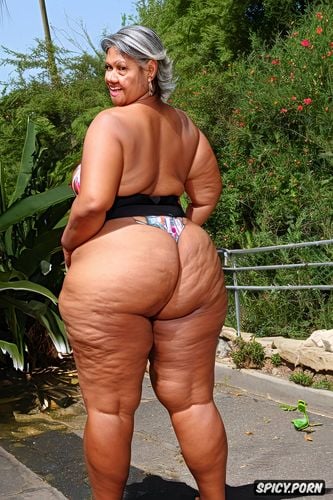 tanned skin woman, from behind, round face, obese, thick thighs