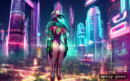 augmented, cyberpunk, green neon, colourful, cityscape, teen