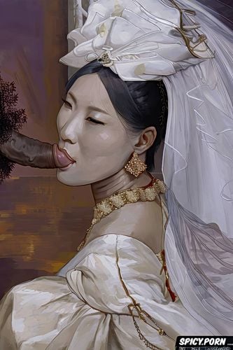 big nose, topless, confident look, wedding dress, chinese woman sucking a black penis